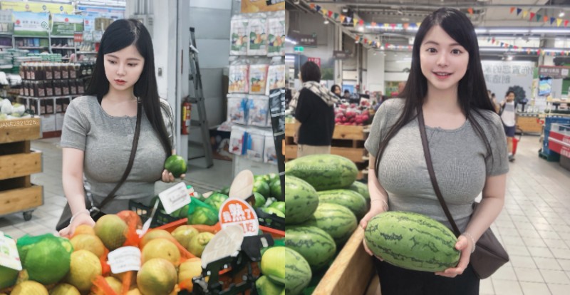 比西瓜還大！巨乳正妹逛超市　貼身上衣擋不住進擊乳量