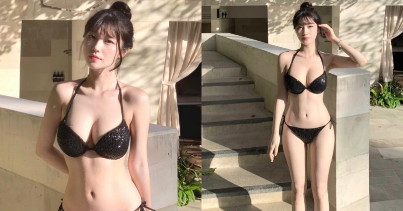 這麼大要早說！「清純韓國正妹」衣服下深不可測，比基尼露「雪白美乳」！