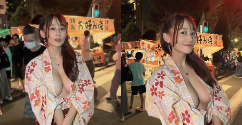 夏天就是要逛祭典！日本妹子浴衣敞開露人字巨乳逛攤販