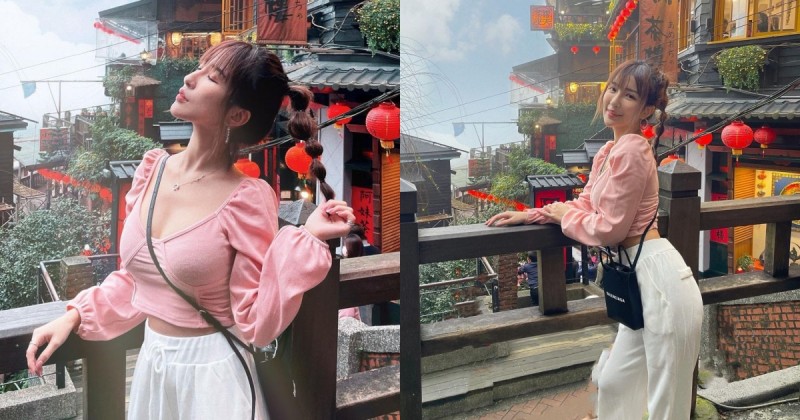 九份老街出現「粉衣美乳妹」，窈窕小蠻腰太吸睛，好想請她喝杯茶～